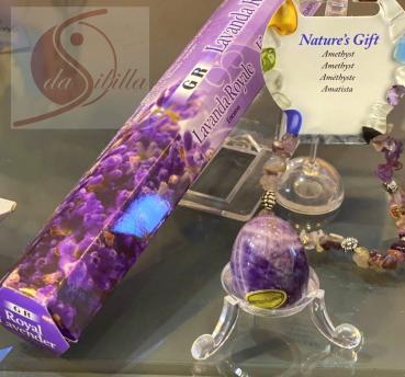 Preview: Oster-Set Amethyst „Frieden“ – Edelstein-Ei, Splitterarmband & Lavendel-Räucherstäbchen